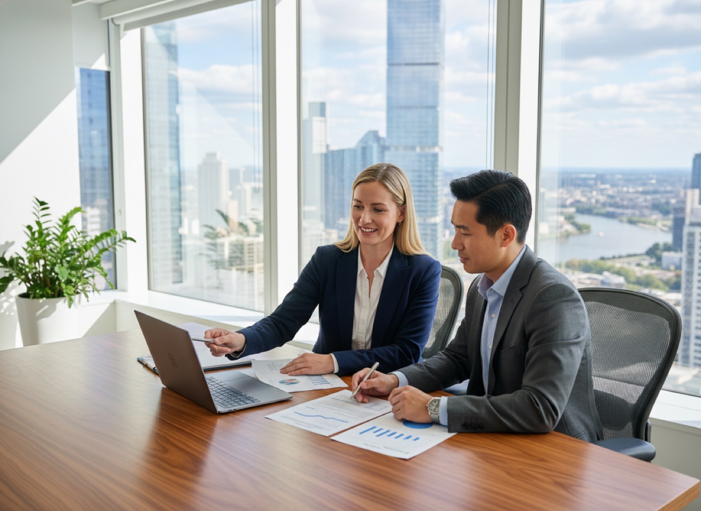 Two advisors reviewing deal materials together