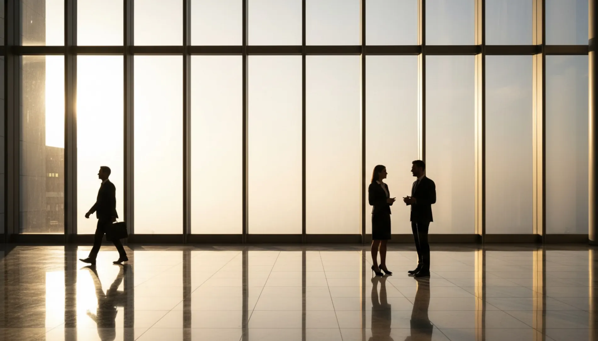 Business people walking through a skyscraper lobby toward a meeting